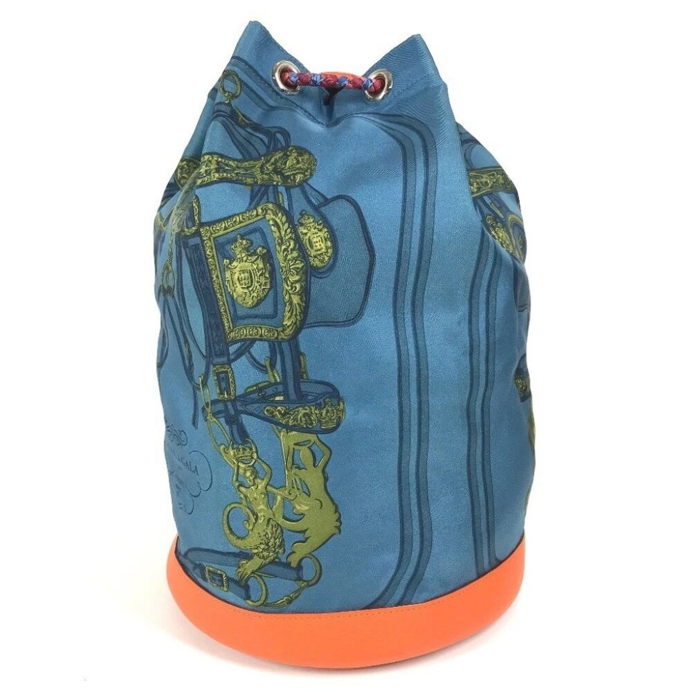 HERMES Drawstring bag Soy Coeur bag Shoulder Bag silk / Leather Orange/blue